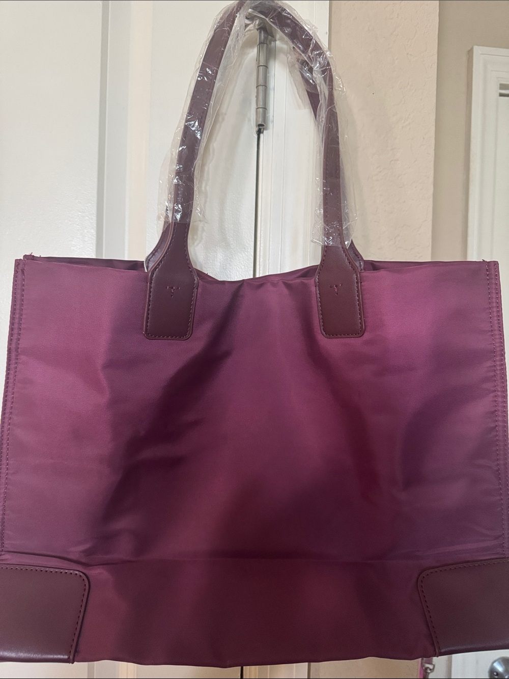 TB Plum Nylon Tote with Leather Trim - Picture 4 of 4